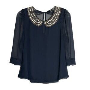 🌺 Ark & Co Beaded Sheer Blouse Size S Peter Pan Collar Half Sleeve Crystal Top